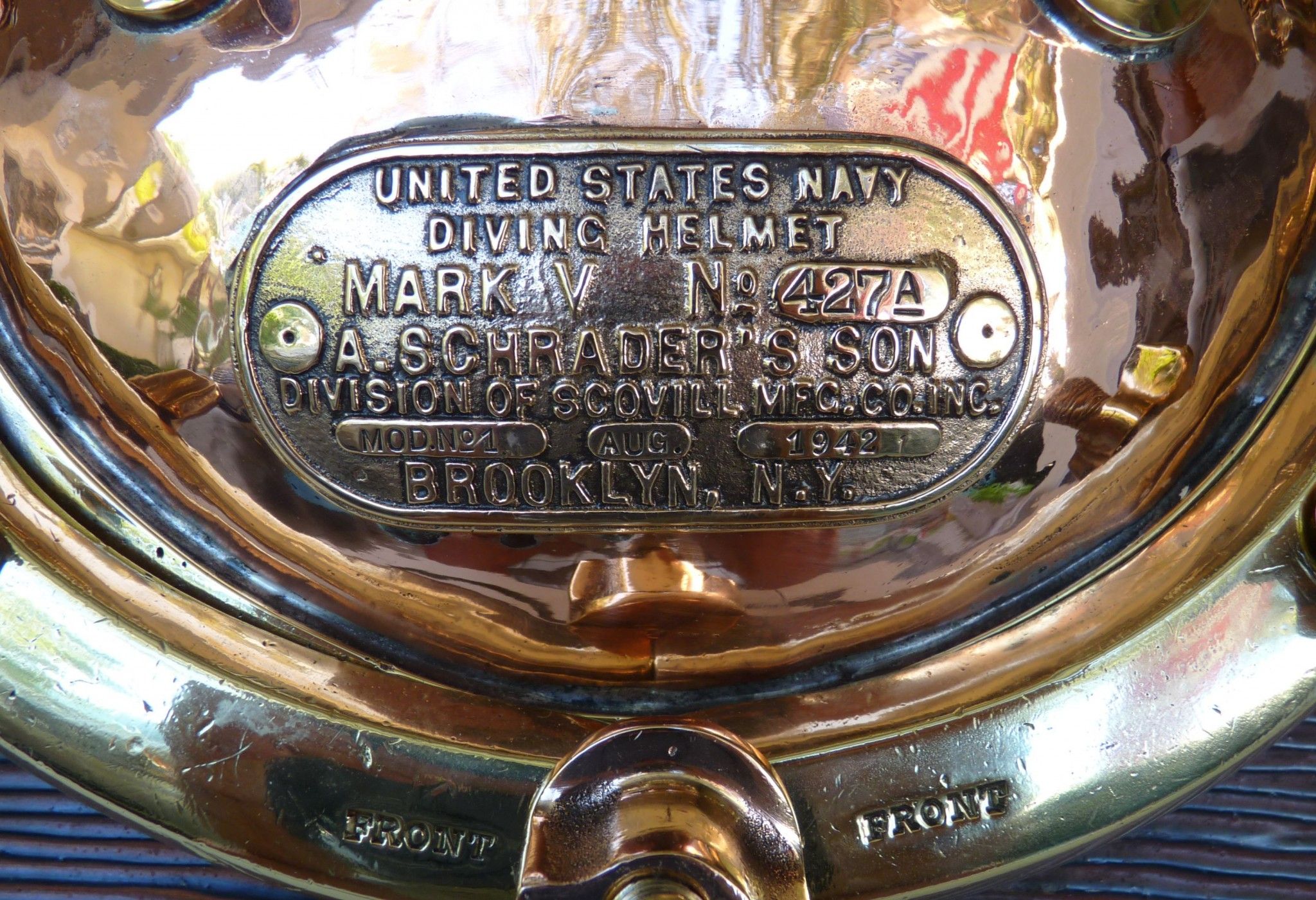 Name tag on 1942 Schrader Navy MK V dive helmet image