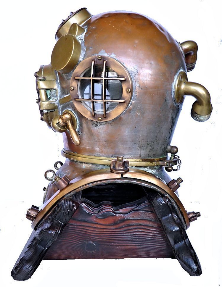 Left side of 1942 Schrader Navy MK V dive helmet image/ Schrader 1942 WW II Navy MK V Dive Helmet