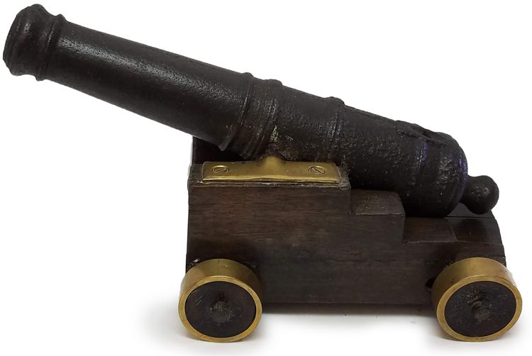 Iron Ship's Signal Cannon On Fine Naval Style Brass And Wood Carriage