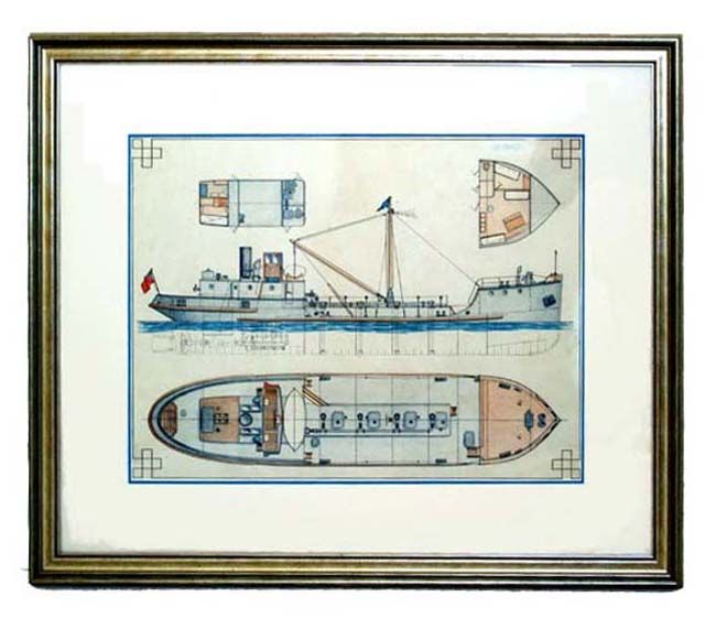 Antique Shipbuilder's Colored Advertising Ship Drawing