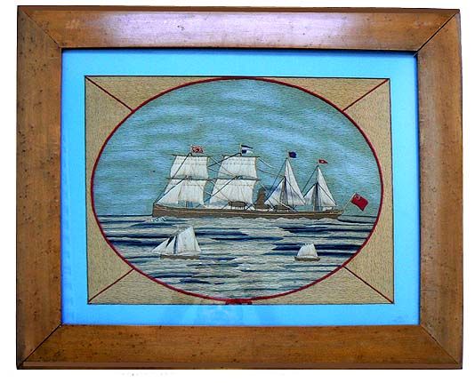 Wool Work of Sail Assisted 4 Masted British Steamship Ca Mid 19th Century