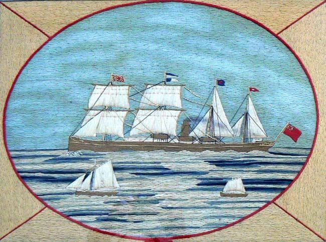 Wool Work of Sail Assisted 4 Masted British Steamship Ca Mid 19th Century